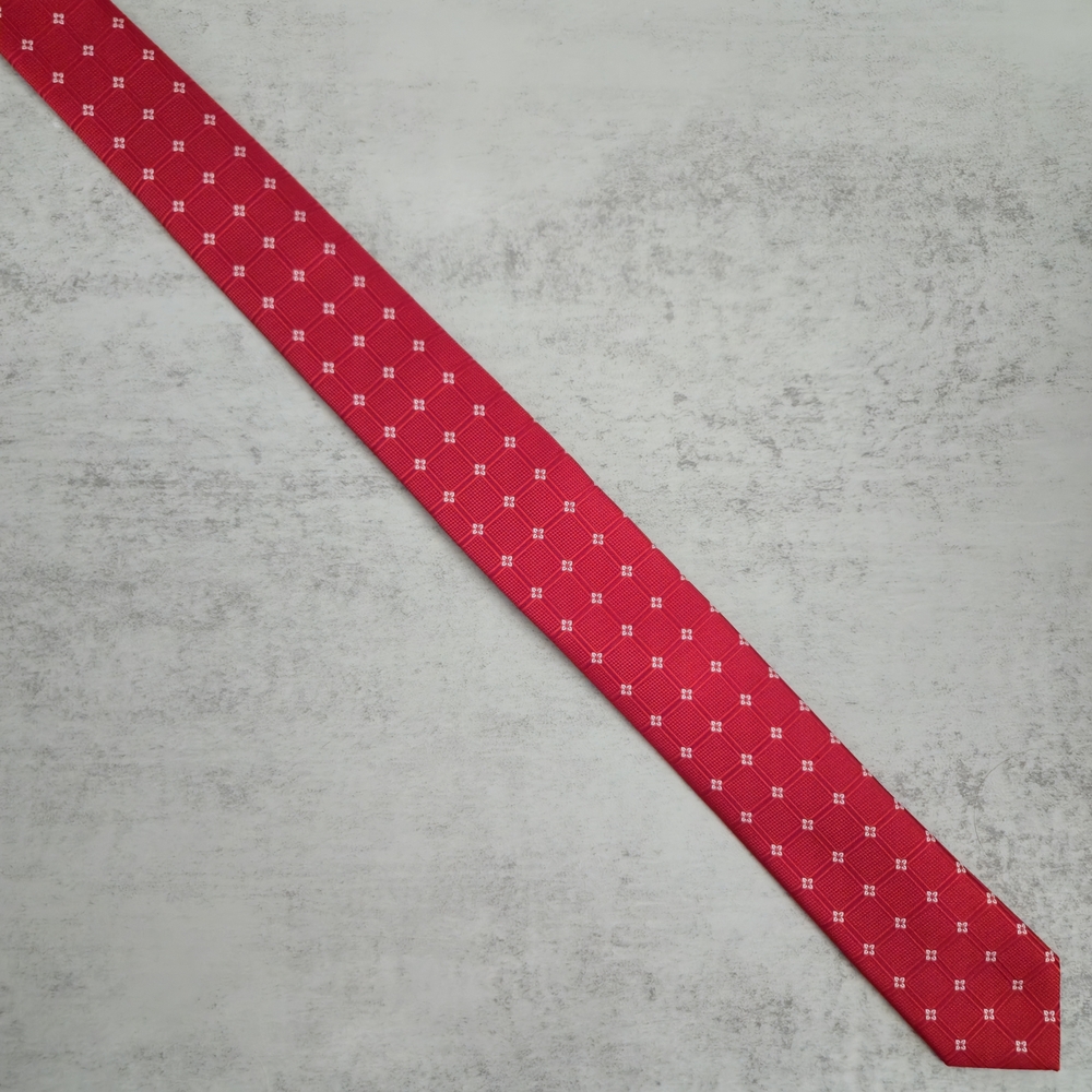 Firenze 100% Silk Skinny Tie Red Micro Pattern 60” Long Made in Italy